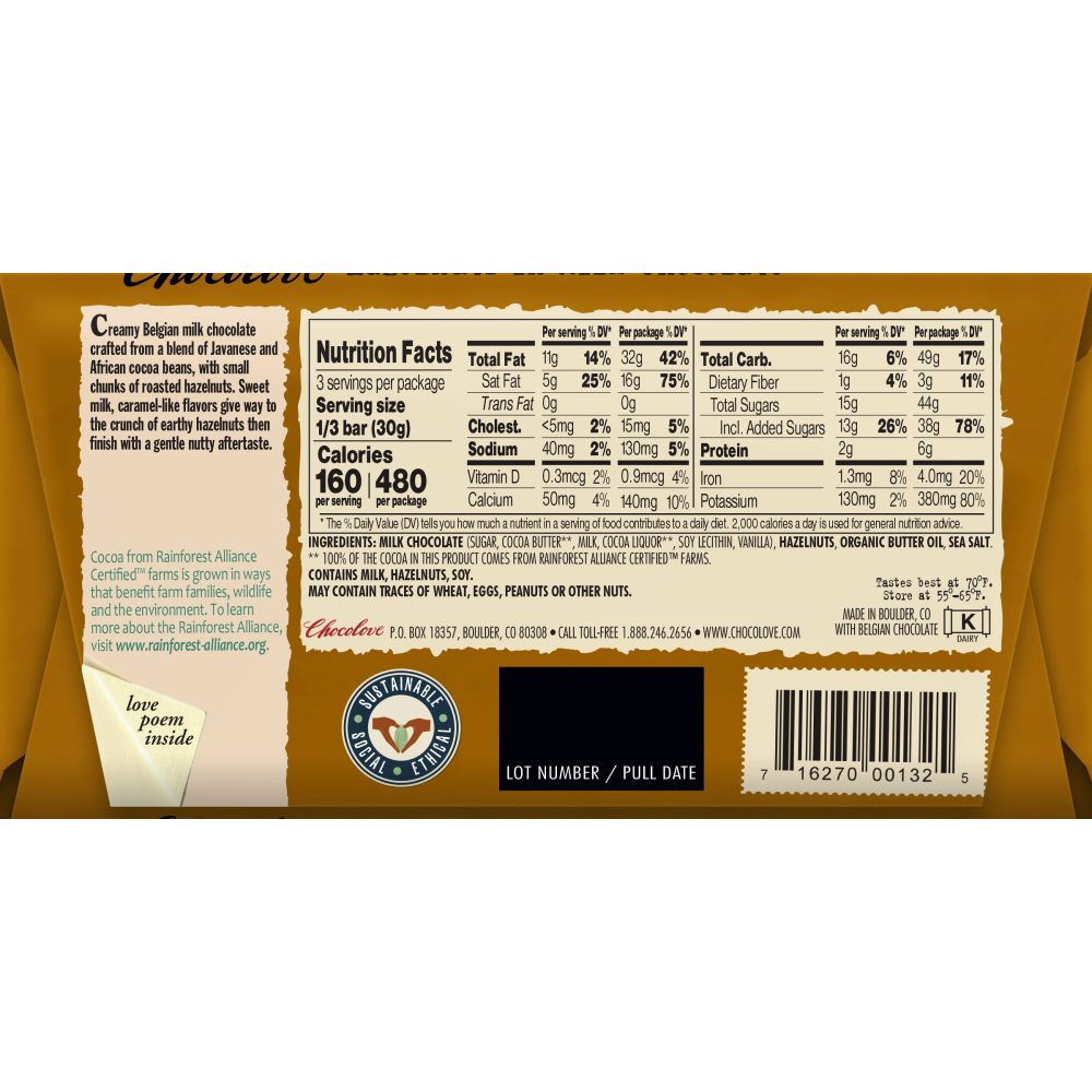 Chocolove 33% Hazelnuts Milk Chocolate Bar Back