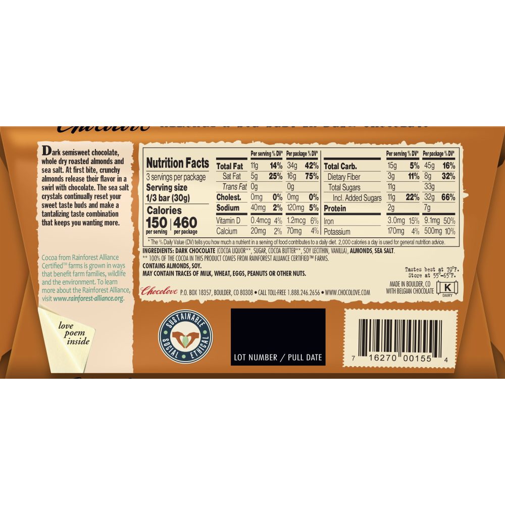 Chocolove 55% Almonds & Sea Salt Dark Chocolate Bar Back
