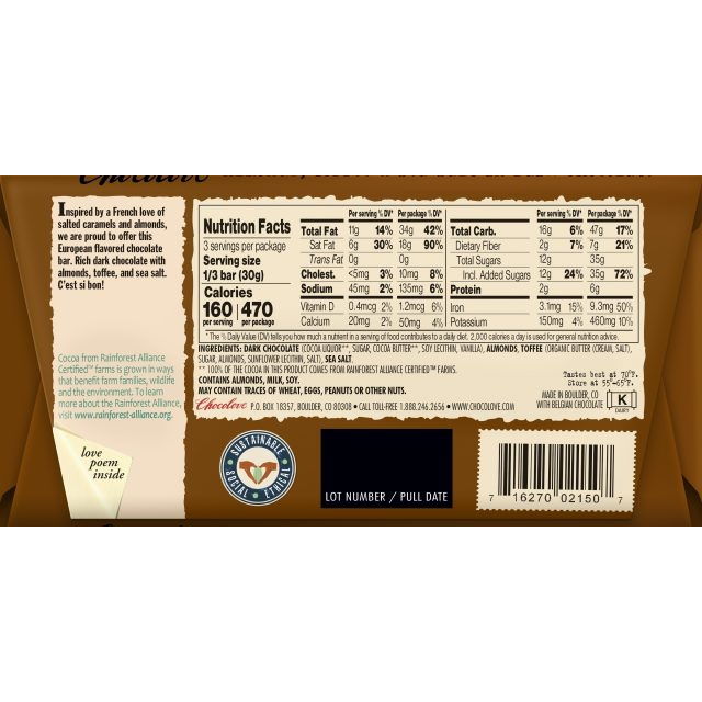 Chocolove 55% Almonds, Toffee & Sea Salt Dark Chocolate Bar Back
