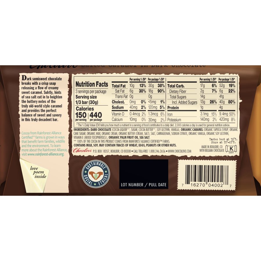 Chocolove 55% Salted Caramel Dark Chocolate Bar Back
