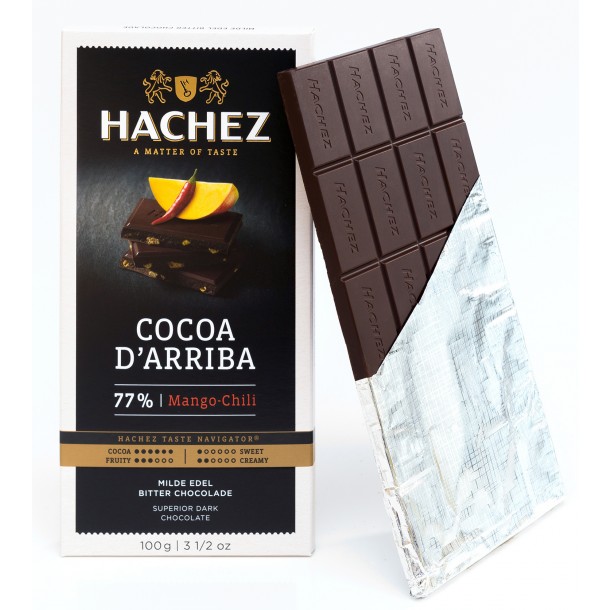 Hachez Cocoa d'Arriba Mango Chili 77% Dark Chocolate Bar open