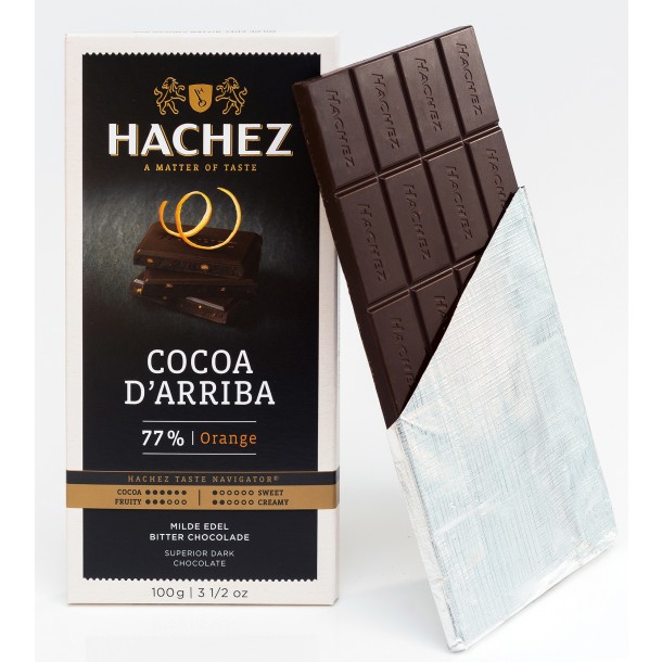 Hachez Cocoa d'Arriba Orange 77% Dark Chocolate Bar open