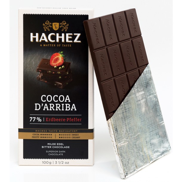 Hachez Cocoa d'Arriba Strawberry Peppercorn 77% Dark Chocolate Bar open