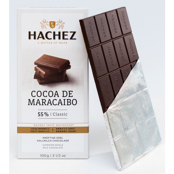 Hachez Cocoa de Maracaibo 55.5% Milk Chocolate Bar open