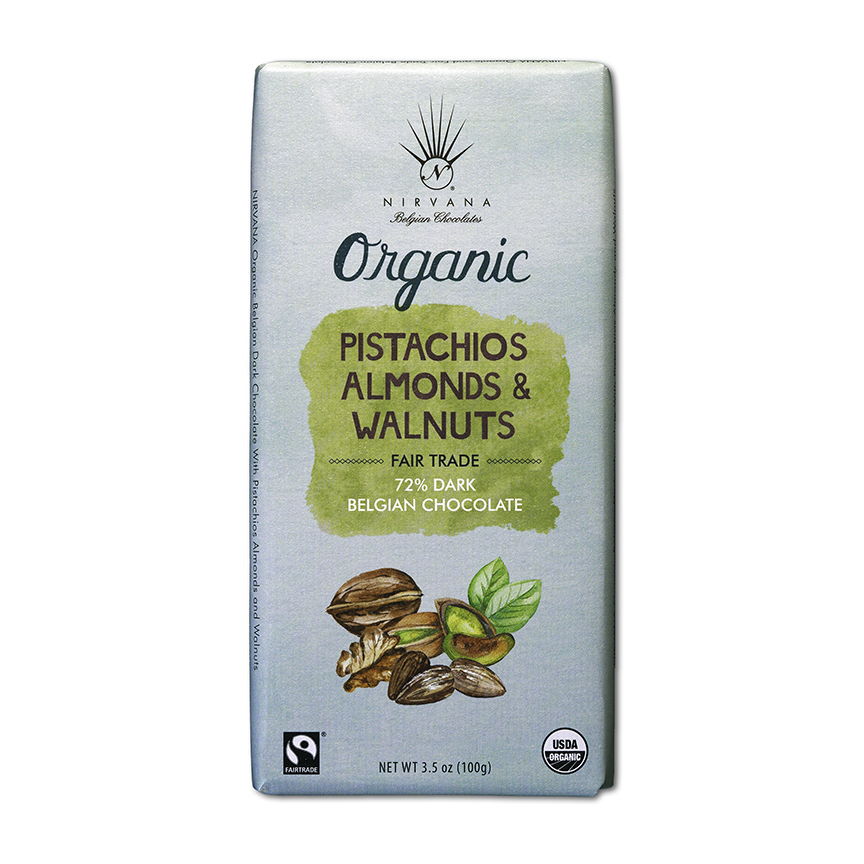 Nirvana 72% Pistachios Almonds & Walnuts Dark Chocolate Bar-min