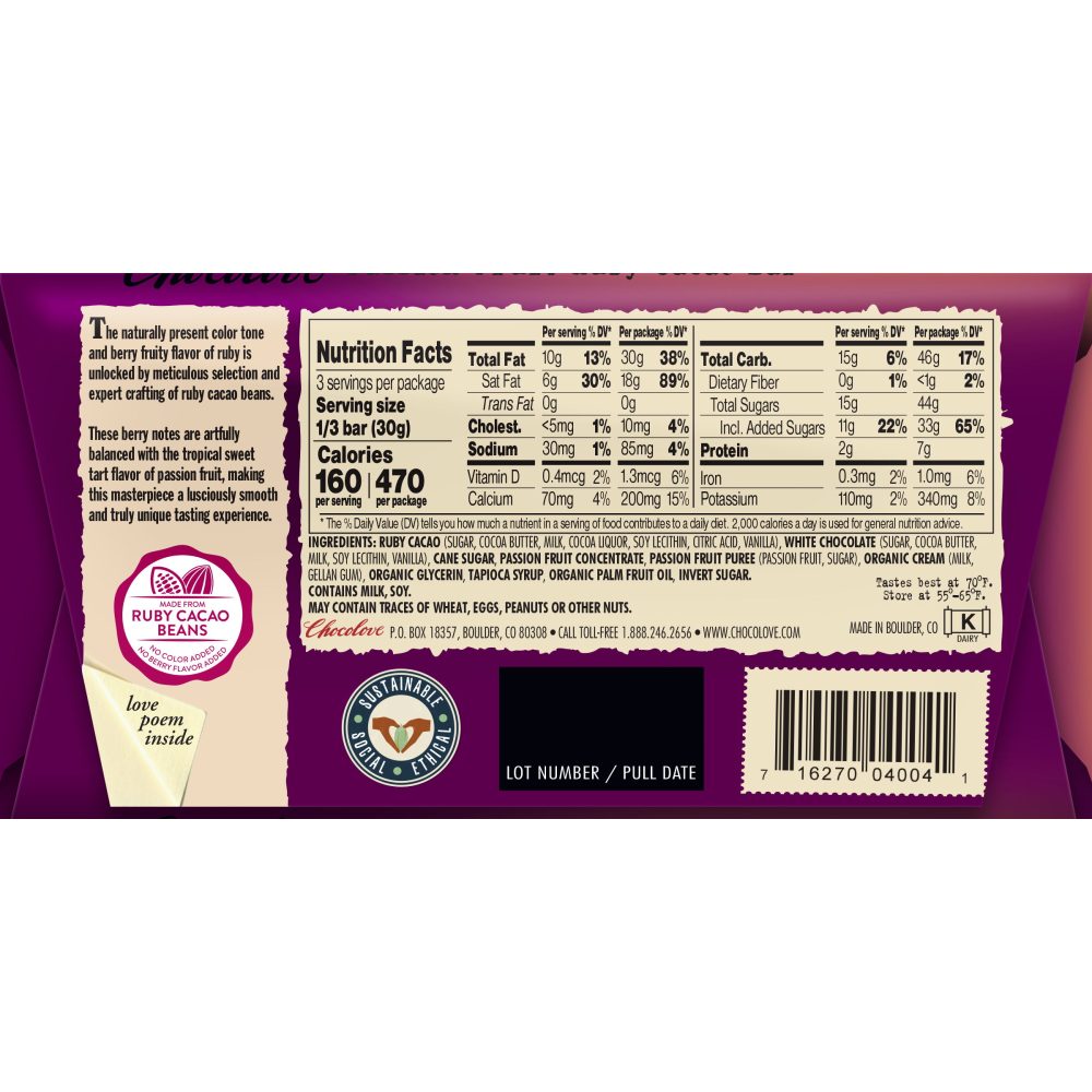 Chocolove 34% Passion Fruit Ruby Cacao Bar Back