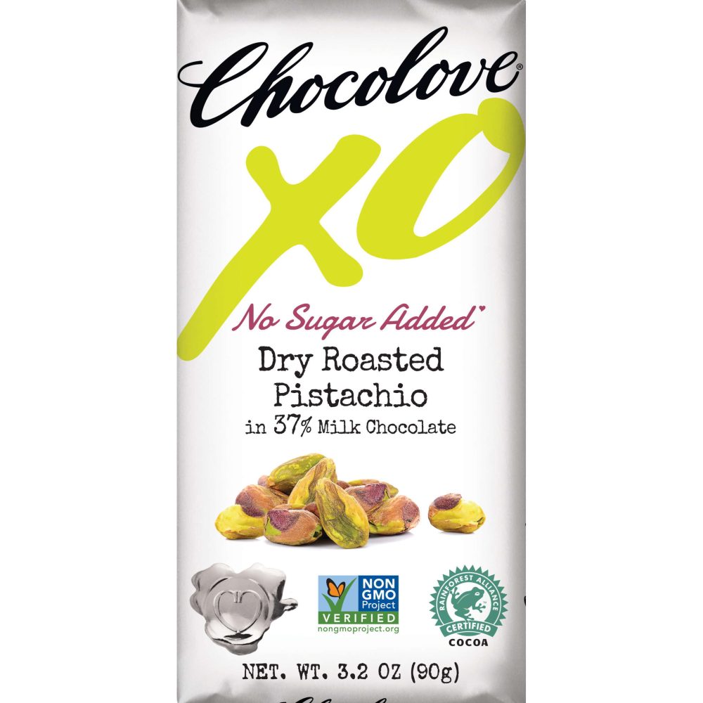 Chocolove XO No Sugar Added 37% Milk Chocolate Bar with Dry Roasted Pistachio