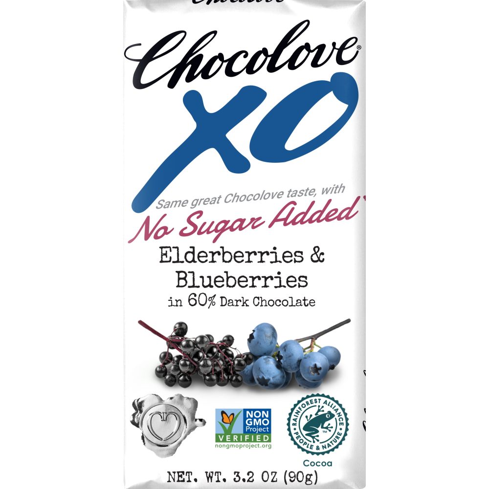Chocolove XO No Sugar Added 60% Dark Chocolate Bar with Elderberries & Blueberries
