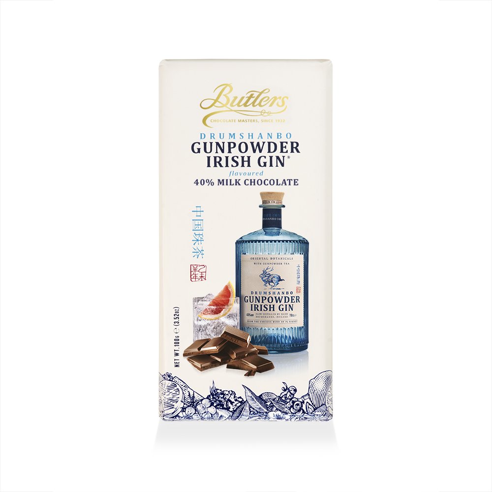 Butlers 40% Milk Chocolate Bar with Drumshanbo Gunpowder Irish Gin 1