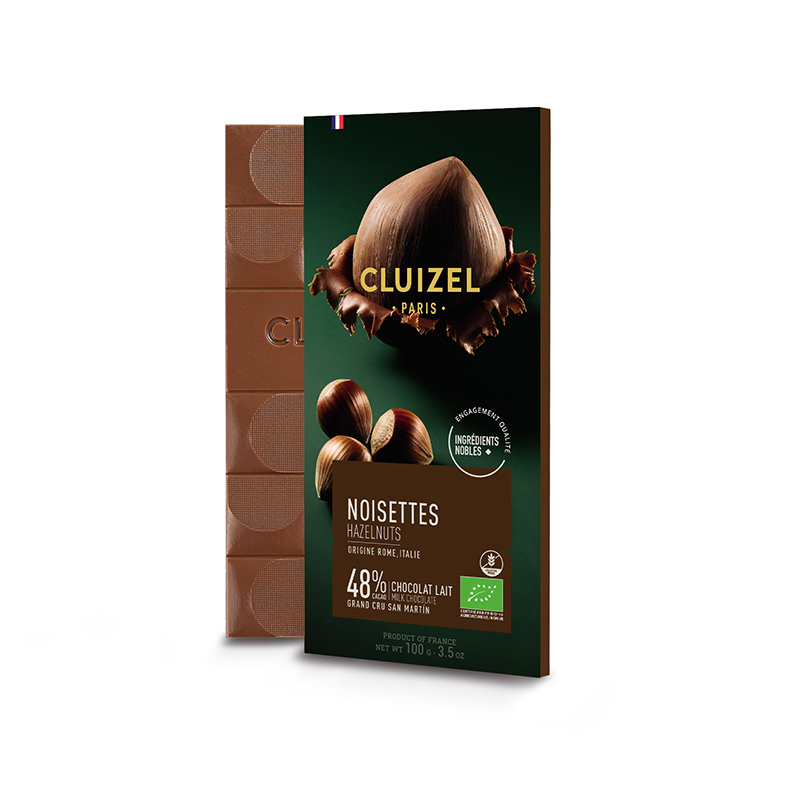 Michel Cluizel San Martín Peru Organic 48% Milk Chocolate Bar with Hazelnuts