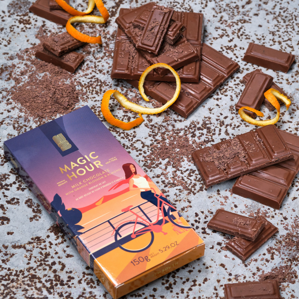 North South Confections Magic Hour Milk Chocolate Bar with Candied Orange Peel & Almonds Lifestyle