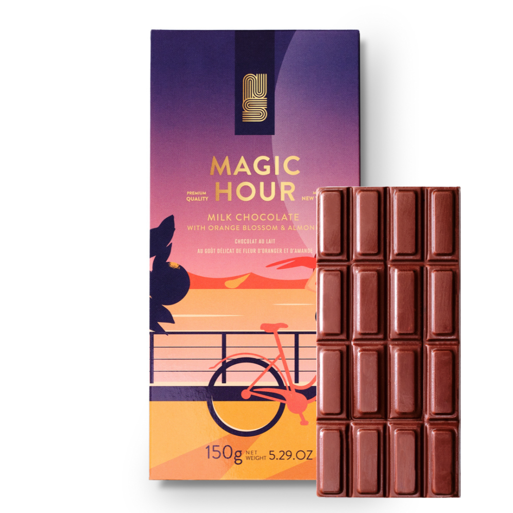 North South Confections Magic Hour Milk Chocolate Bar with Candied Orange Peel & Almonds Open