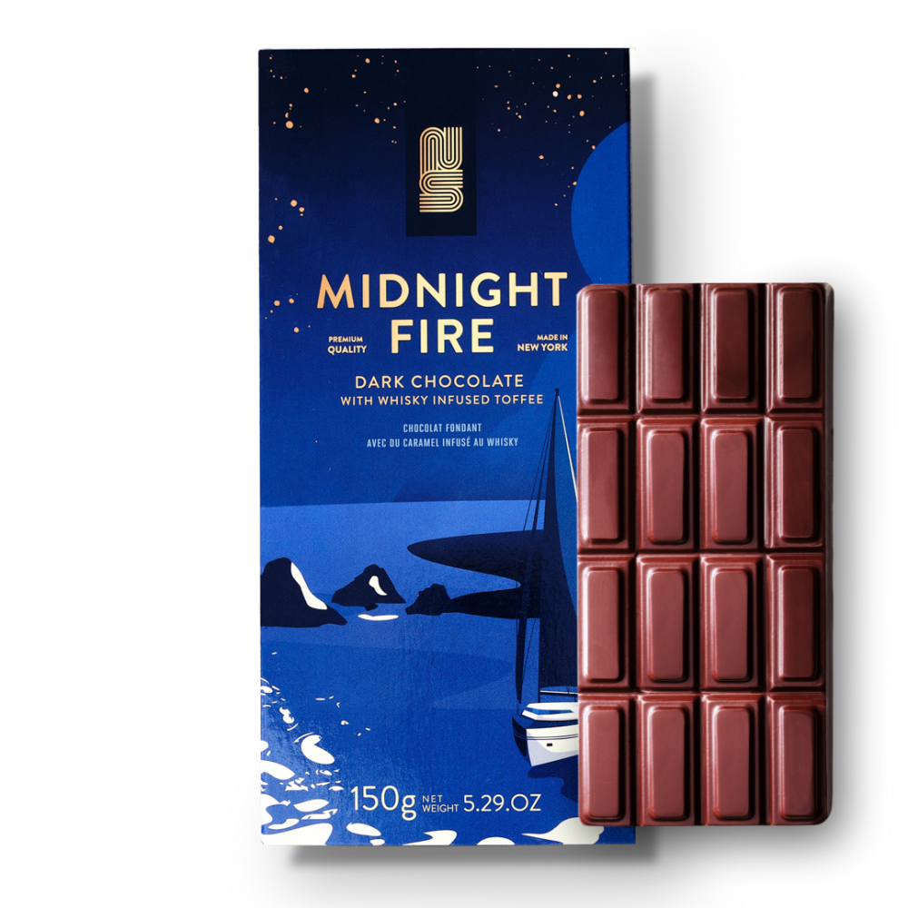 North South Confections Midnight Fire Dark Chocolate Bar with Whiskey Flavored Toffee Open