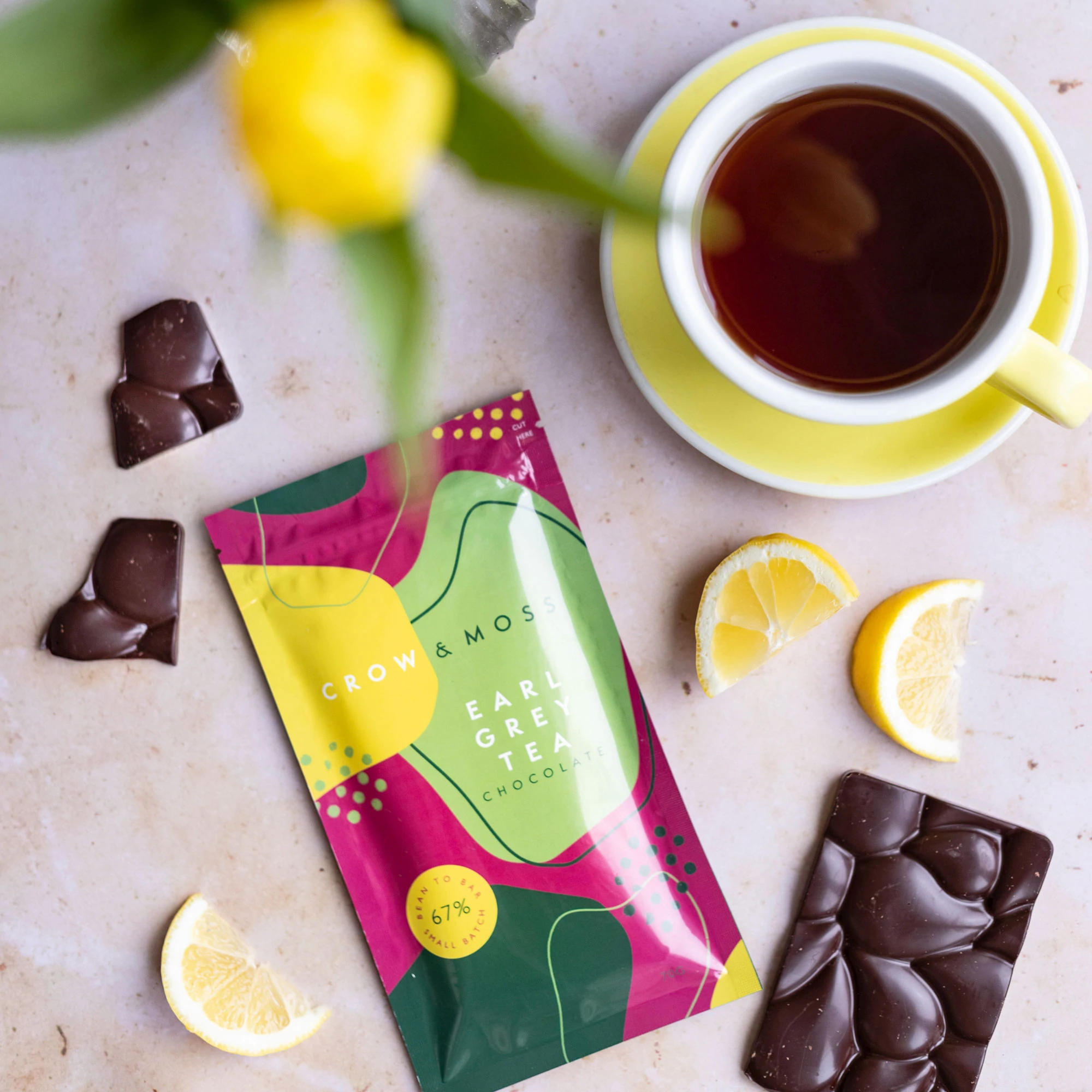 Crow & Moss 67% Dark Chocolate Bar with Earl Grey Tea Lifestyle