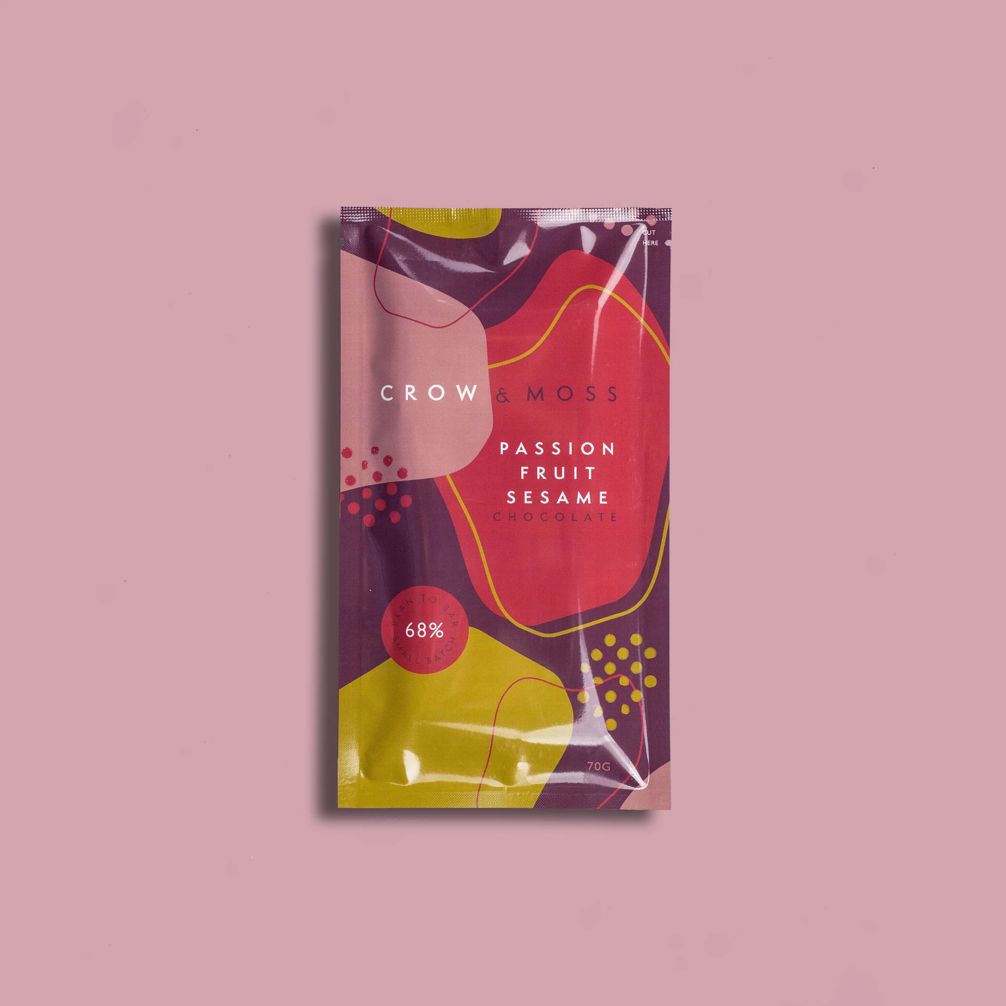 Crow & Moss 68% Dark Chocolate Bar with Passion Fruit & Sesame