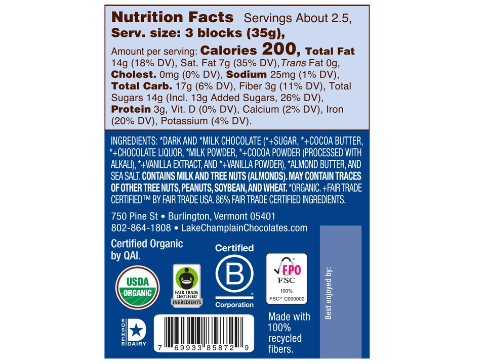 Lake Champlain Chocolates® 57% Dark Chocolate Bar with Almond Butter Filling - Nutritional Info