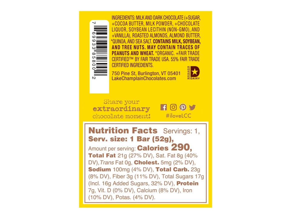 Lake Champlain Chocolates® Almond Five Star Bar - Nutritional Info