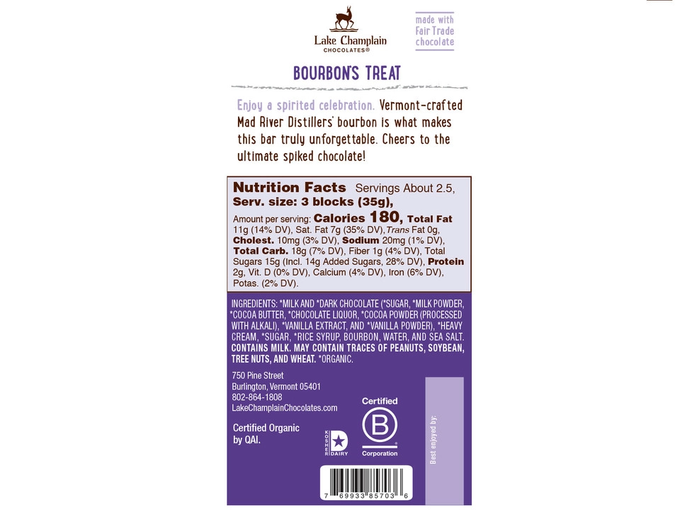 Lake Champlain Chocolates® 43% Dark Milk Chocolate Bar with Bourbon Caramel Filling - Nutritional Info