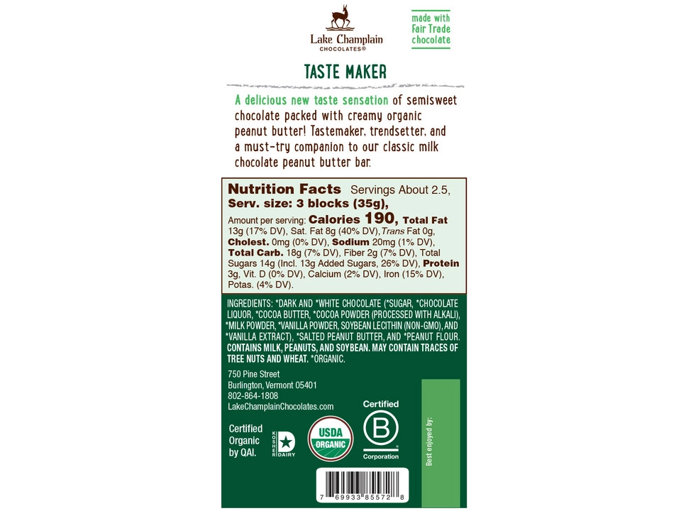 Lake Champlain Chocolates® 57% Dark Chocolate Bar with Peanut Butter Filling - Nutritional Info