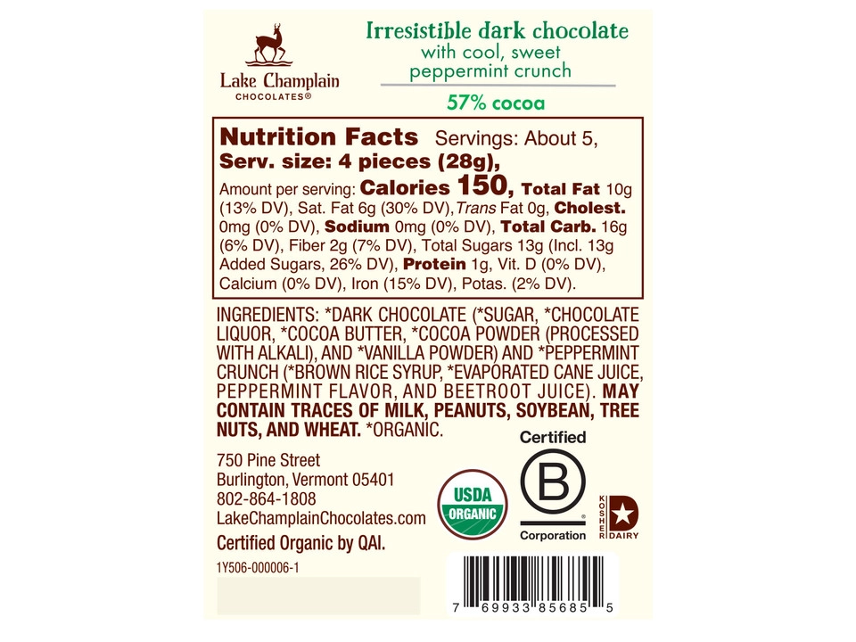Lake Champlain Chocolates® 57% Dark Chocolate Peppermint Crunch Coins - Nutritional Info