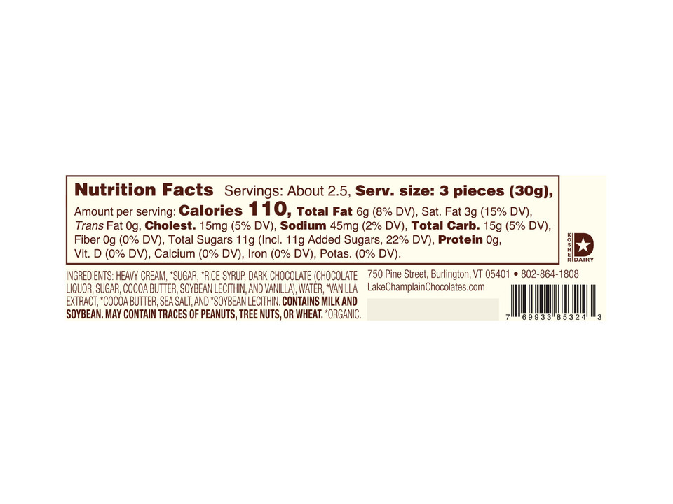 Lake Champlain Chocolates® 7-Piece Dark Chocolate Sea Salt Caramels - Nutritional Info