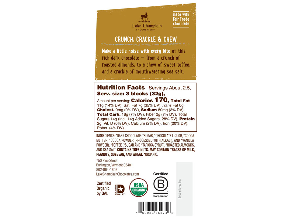 Lake Champlain Chocolates® 57% Dark Chocolate Bar with Toffee & Almond Crunch - Nutritional Info