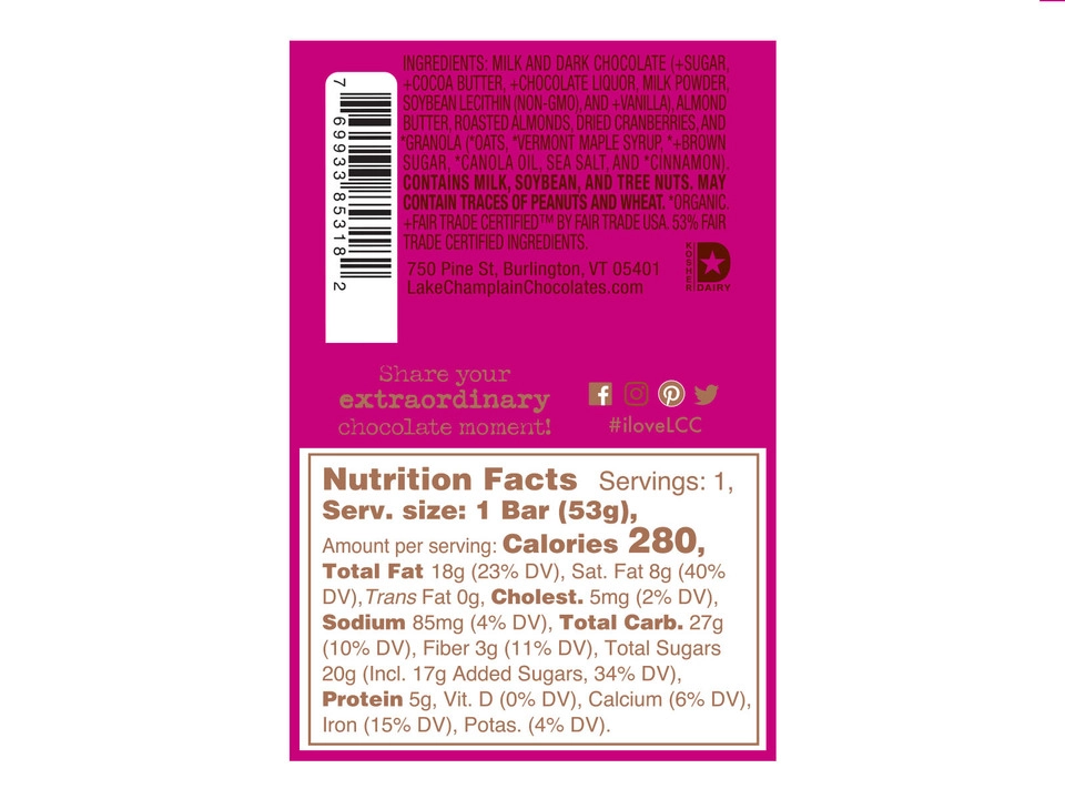Lake Champlain Chocolates® Granola Five Star Bar - Nutritional Info