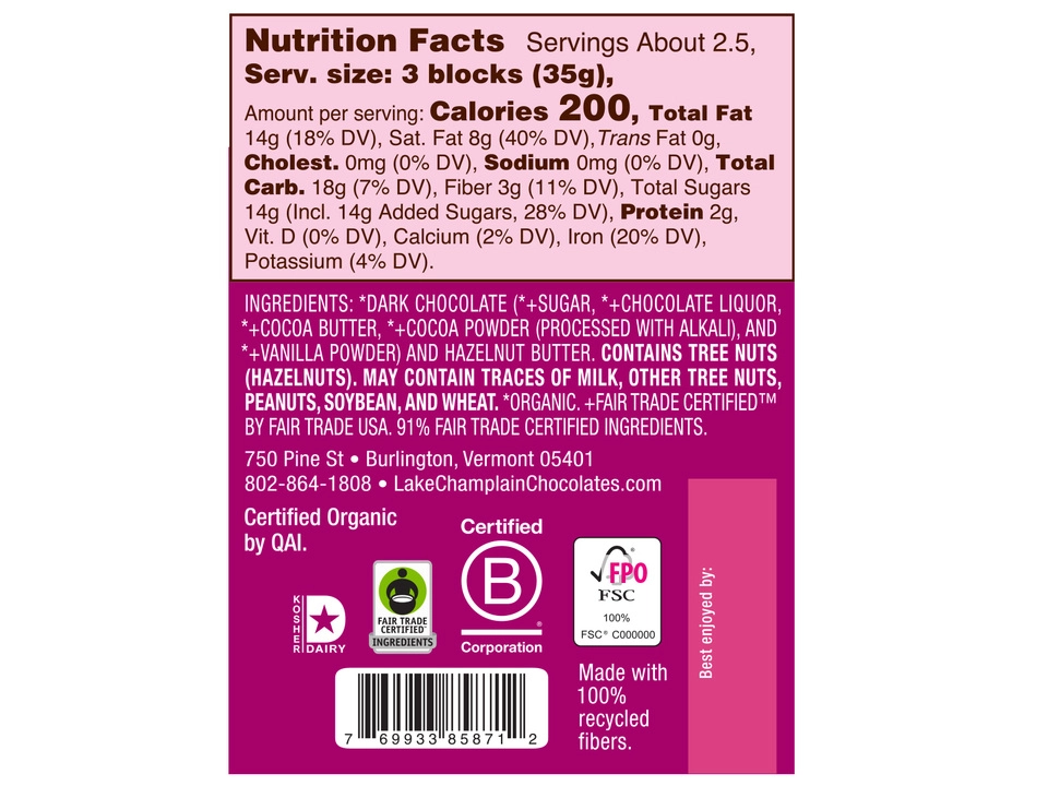 Lake Champlain Chocolates® 57% Dark Chocolate Bar with Hazelnut Butter Filling - Nutritional Info