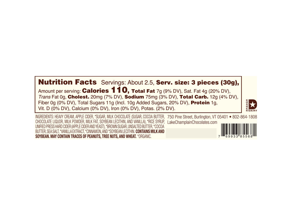 Lake Champlain Chocolates® 7-Piece Apple Cider Milk Chocolate Caramels - Nutritional Info