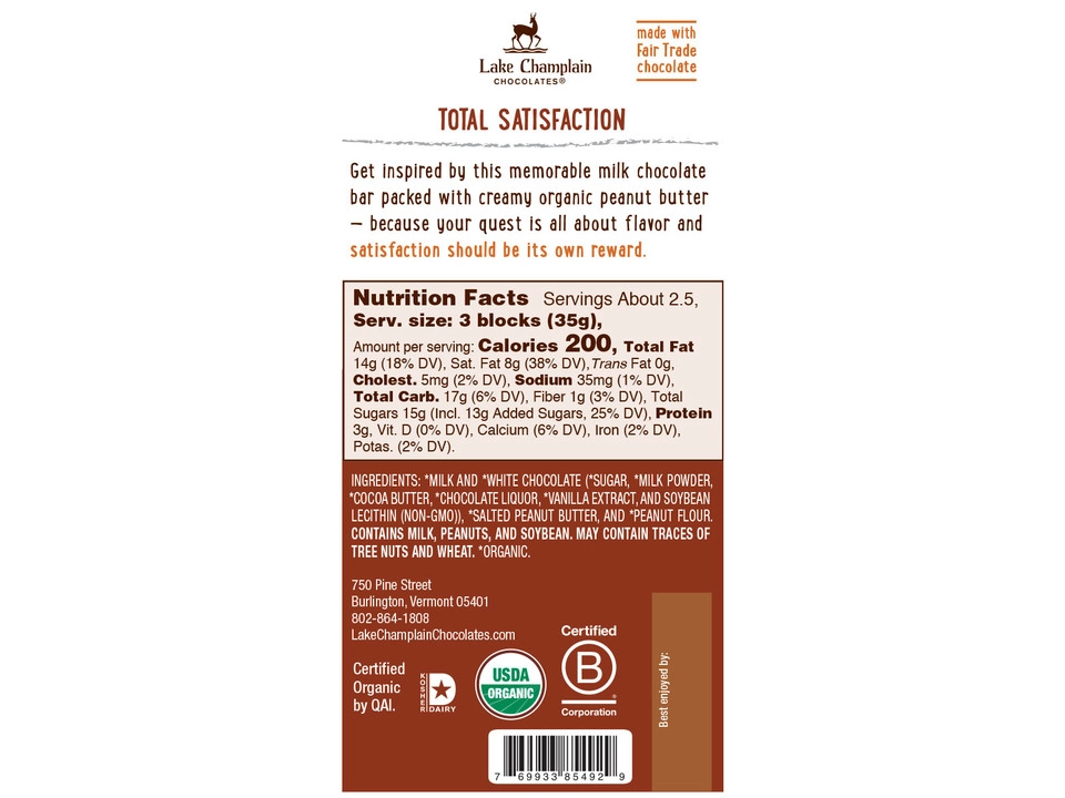Lake Champlain Chocolates® 38% Milk Chocolate Bar with Peanut Butter Filling - Nutritional Info