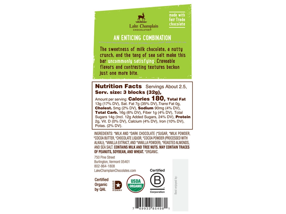 Lake Champlain Chocolates® 43% Dark Milk Chocolate Bar with Almonds & Sea Salt - Nutritional Info