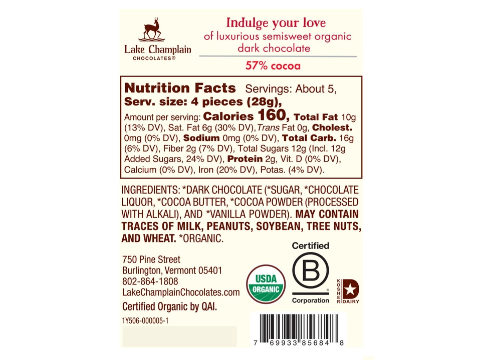 Lake Champlain Chocolates® 57% Dark Chocolate Coins - Nutritional Info