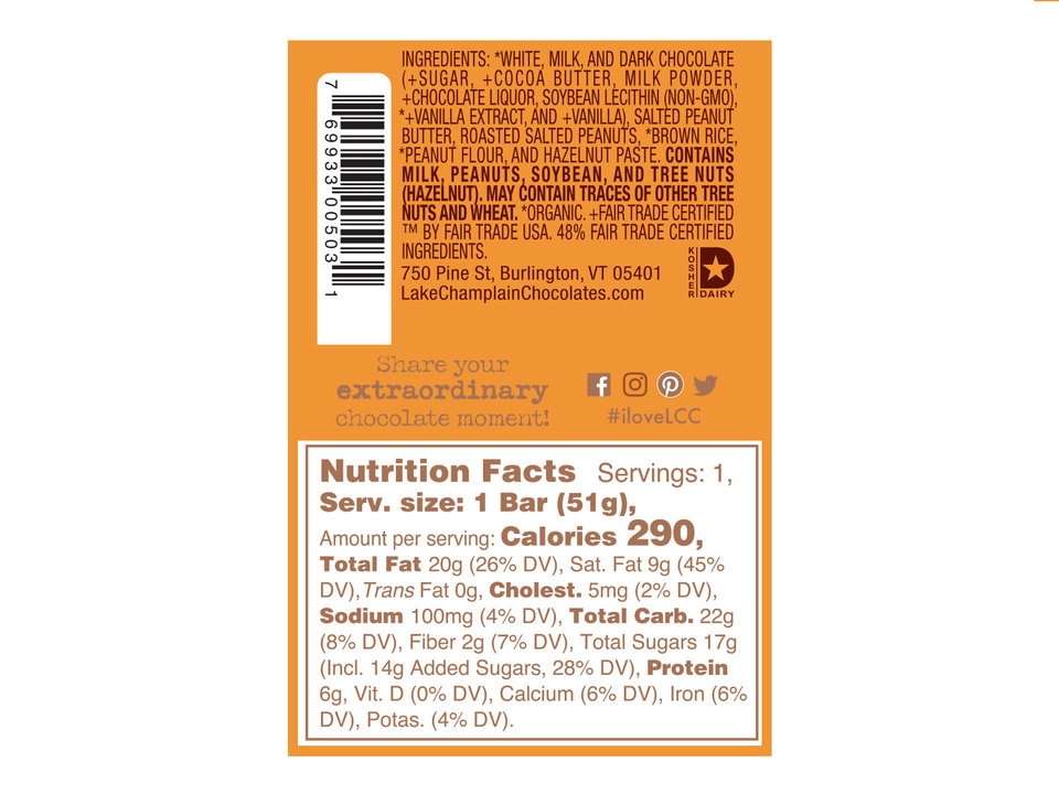Lake Champlain Chocolates® Peanut Five Star Bar - Nutritional Info