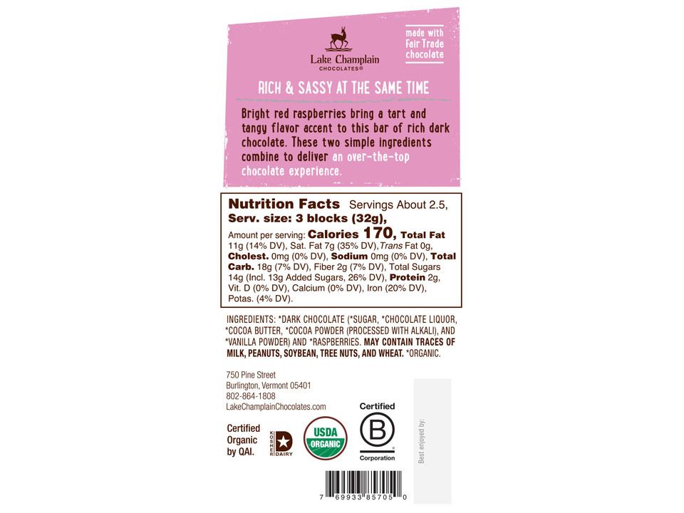 Lake Champlain Chocolates® 57% Dark Chocolate Bar with Raspberries - Nutritional Info