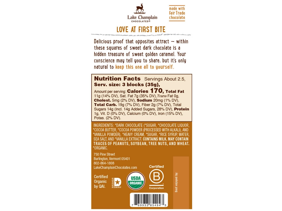 Lake Champlain Chocolates® 57% Dark Chocolate Bar with Salted Caramel Filling - Nutritional Info