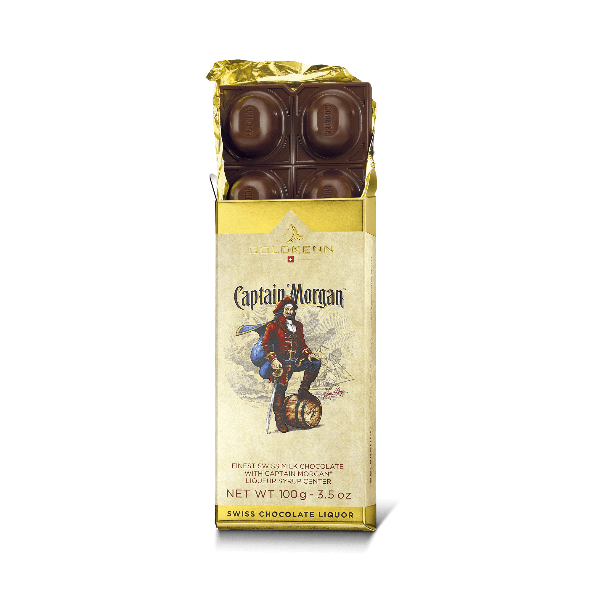 Goldkenn 37% Milk Chocolate Bar with Captain Morgan Liqueur Syrup Center Open-min