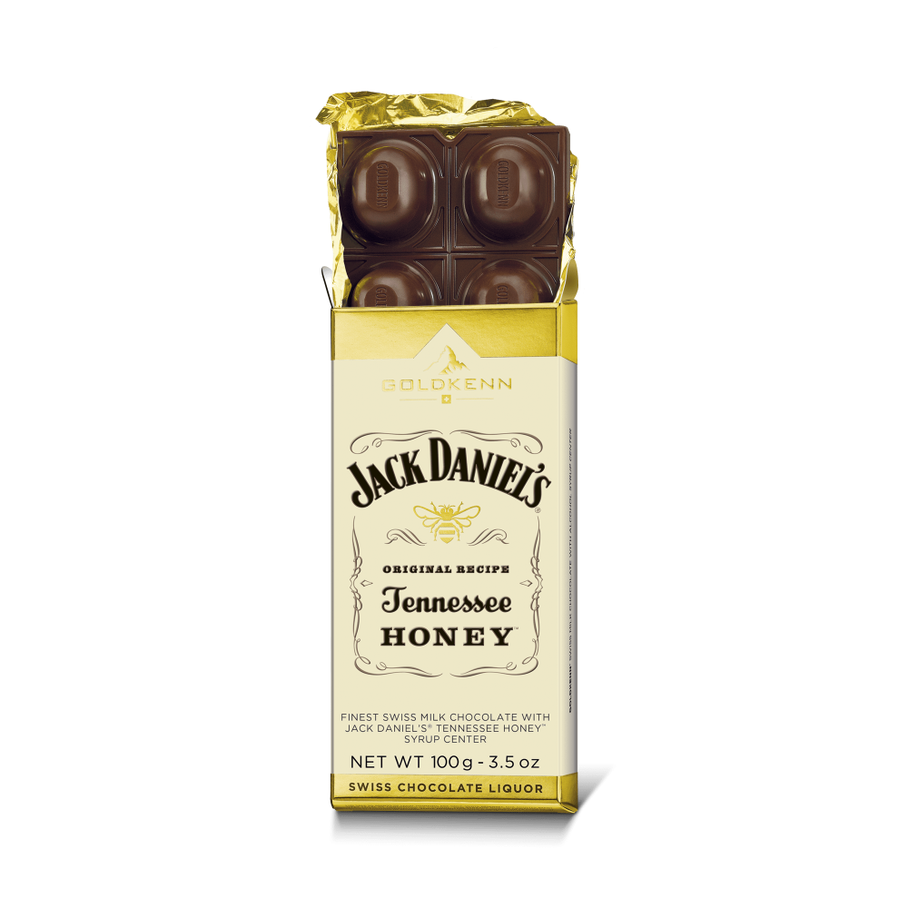 Goldkenn 37% Milk Chocolate Bar with Jack Daniel's Tennessee Honey Syrup Center Open-min