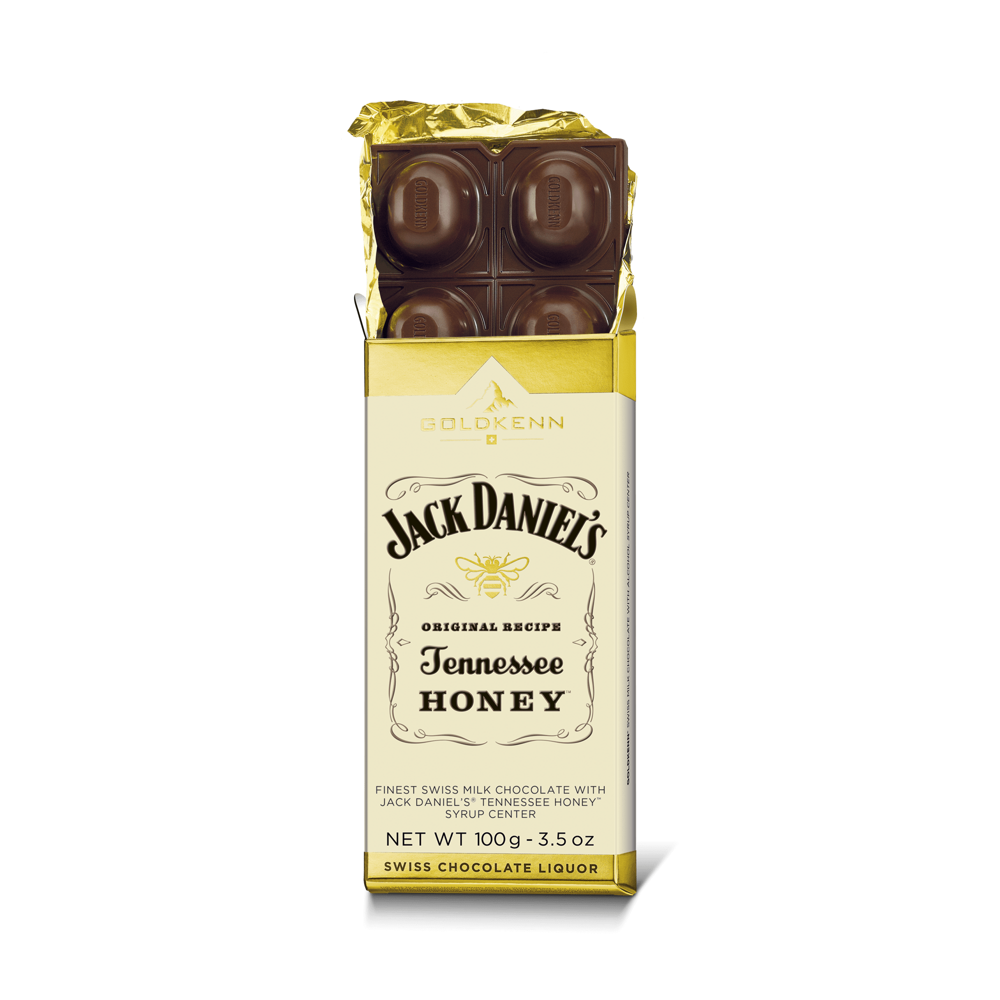 Goldkenn 37% Milk Chocolate Bar with Jack Daniel's Tennessee Honey Syrup Center Open-min