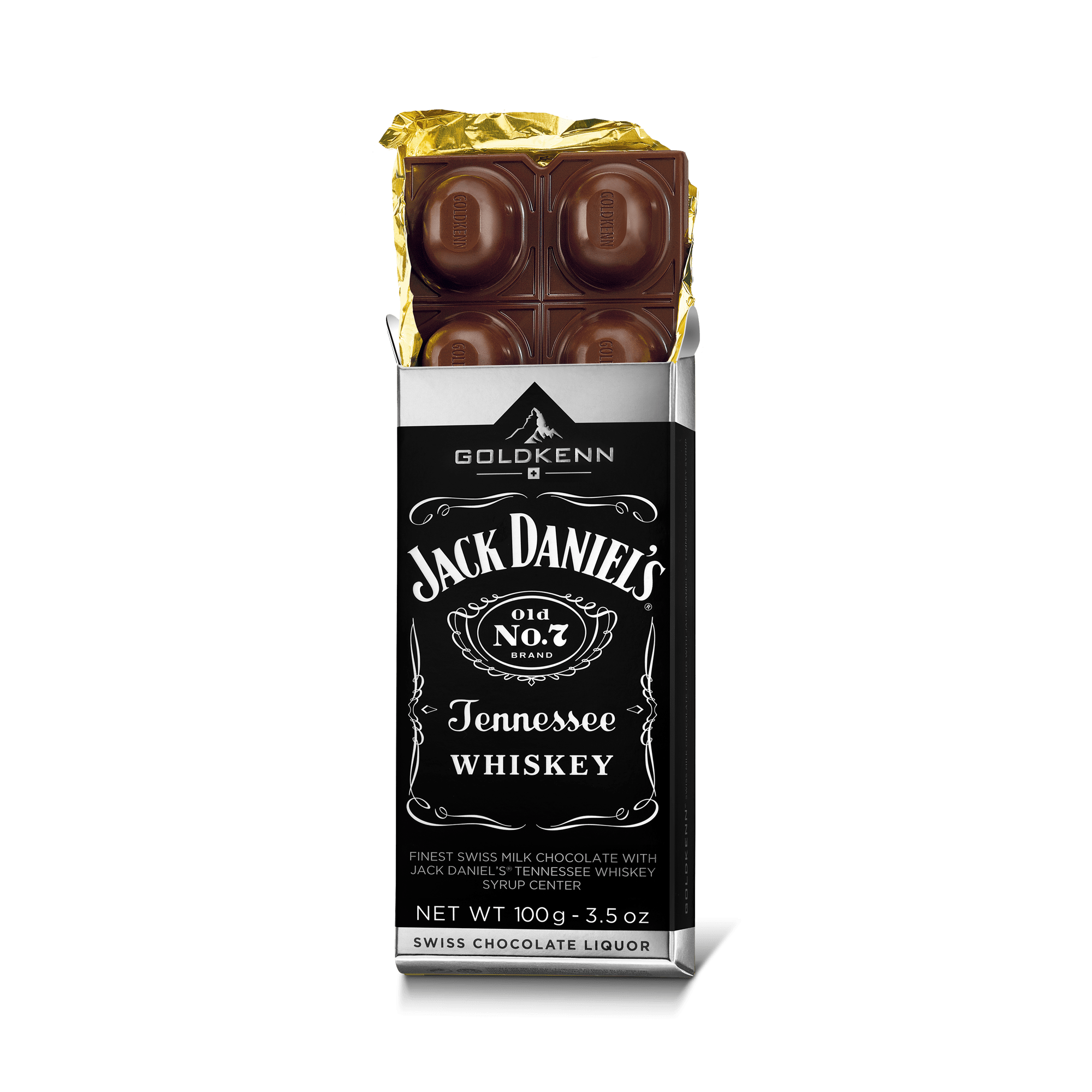 Goldkenn 37% Milk Chocolate Bar with Jack Daniel's Whiskey Syrup Center Open-min
