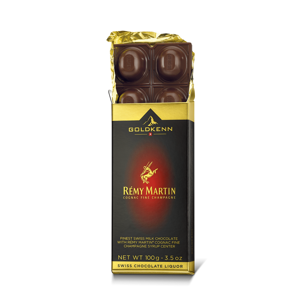 Goldkenn 37% Milk Chocolate Bar with Rémy Martin® Cognac Fine Champagne Syrup Center Open-min