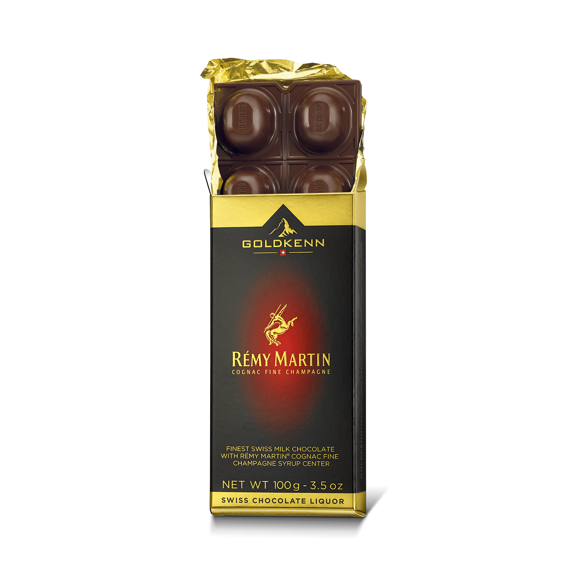 Goldkenn 37% Milk Chocolate Bar with Rémy Martin® Cognac Fine Champagne Syrup Center Open-min