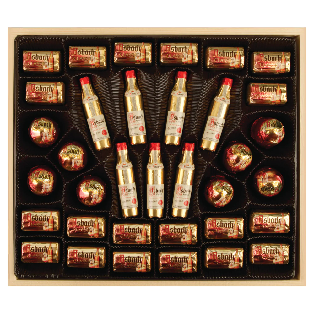Asbach® Assorted Brandy Chocolates in Wood Gift Box Open